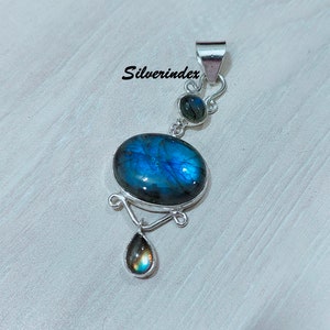 Pendentif labradorite flash bleu, pendentifs en argent 925, pendentifs trois pierres, pendentif bohème, bijoux pendentifs, beau pendentif, pendentif cadeau