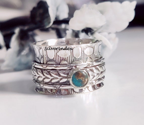 Copper Turquoise Sterling Silver Spinner Ring, Wide Band, Bohemian
