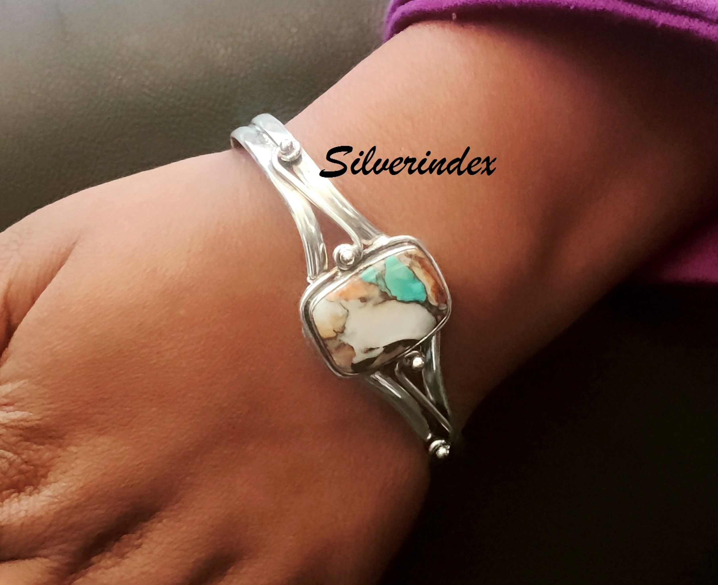 オイスターターコイズ 925スターリングシルバーバングル 調節可能な