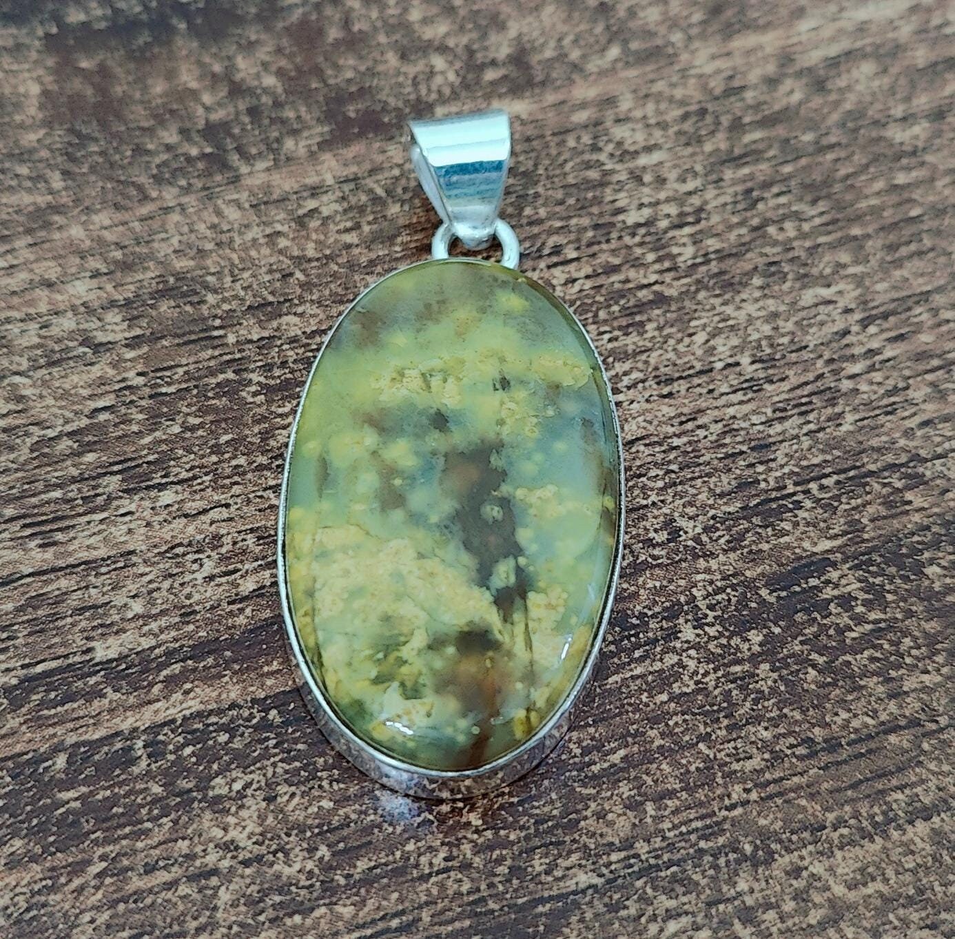 Handmade Green Opal Pendant: 925 Sterling Silver Oval Jewelry