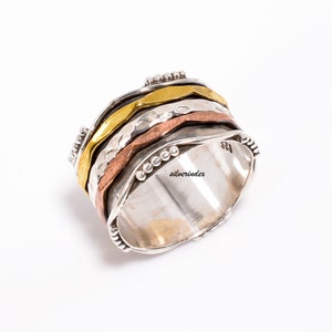 Good- Looking Handmade Spinner Ring, Oxidize 14.5mm Silver and Copper Brass Spinning Ring, Thumb Meditation Ring, Twisted Ring For Women