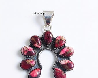 Red Rose Dahlia Turquoise Gemstone Pendant, 925 Sterling Silver, Pear Shape, Nine Stone Pendant