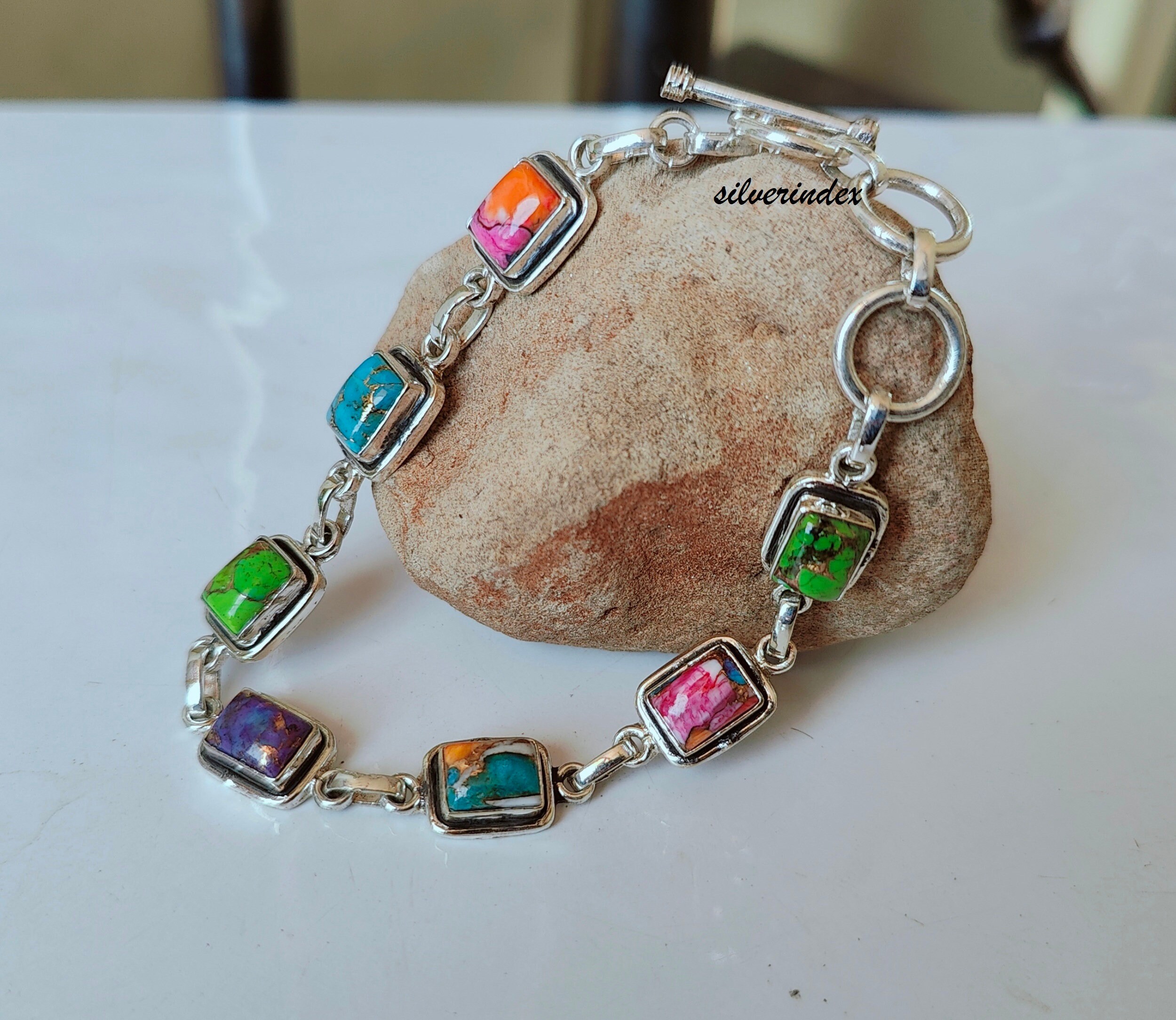 Multi Gemstone 925 Silver Bracelet, Oyster Copper Turquoise