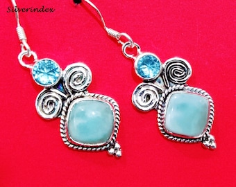 Handmade Sterling Silver Larimar Earrings with Blue Topaz