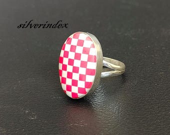 Pink With White Checkerboard Cabochon * 925 Sterling Silver Handmade Jewelry * Attractive Band