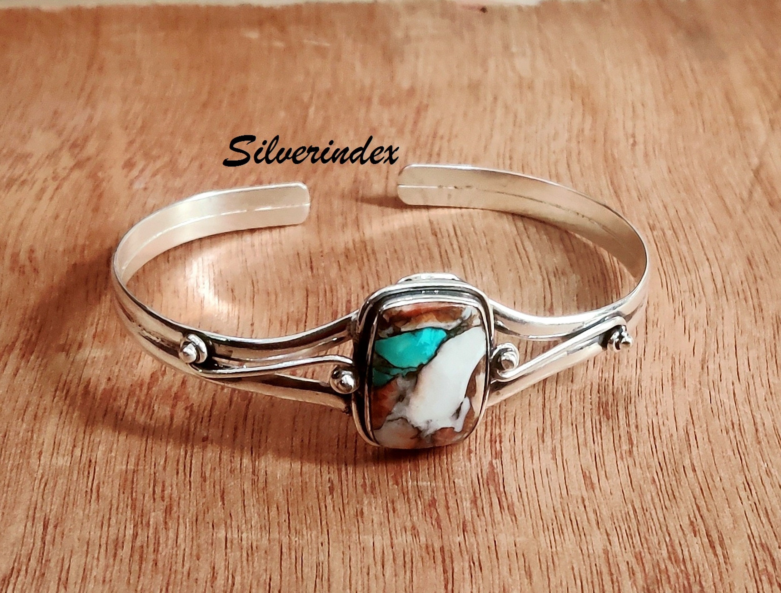 オイスターターコイズ 925スターリングシルバーバングル 調節可能な