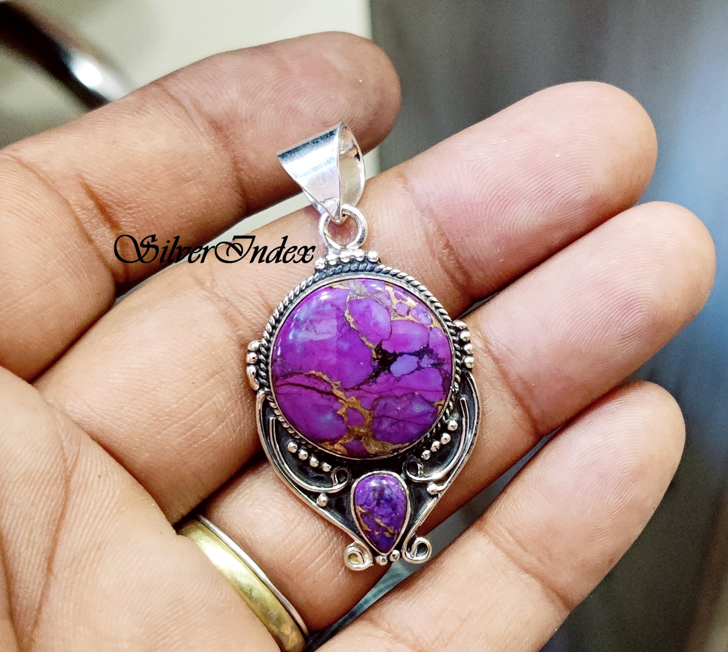 Floral Boho Purple Turquoise Pendant: 925 Sterling Silver Necklace