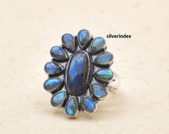 Labradorite Gemstone Ring, 925 Sterling Silver, Flower Design, Pear Shape, Handcrafted Ring, Gifts