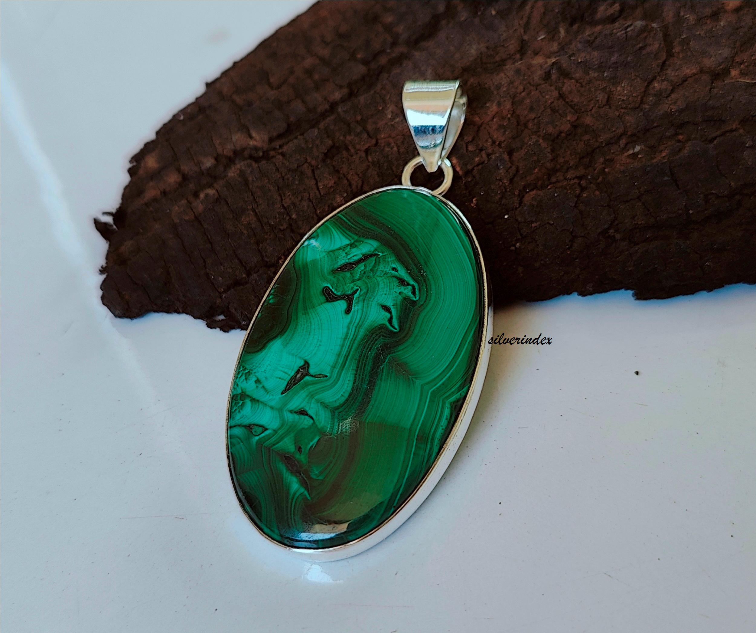 Pendentif Vintage Argent Massif Et Malachite - Forme Ovale - Occasion Bon état