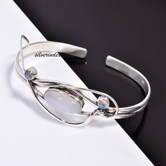 調節可能なレインボームーンストーンカフバングル、スターリング