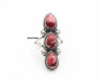Red Rose Dahlia Ring, Handmade Jewelry, 925 Sterling Silver, Three Stone Ring, Pear Shape