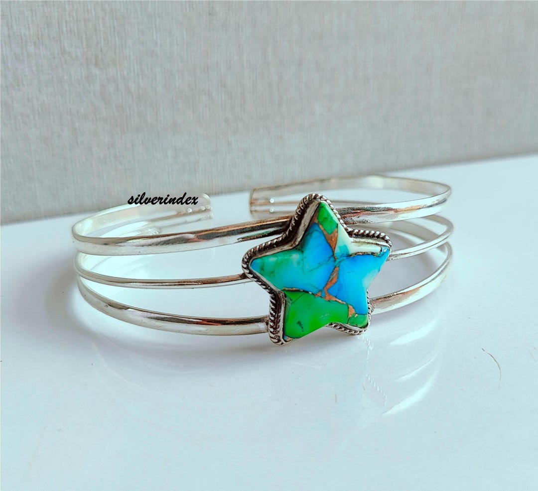 Peacock Dahlia Turquoise Star Bangle, 925 Sterling Silver