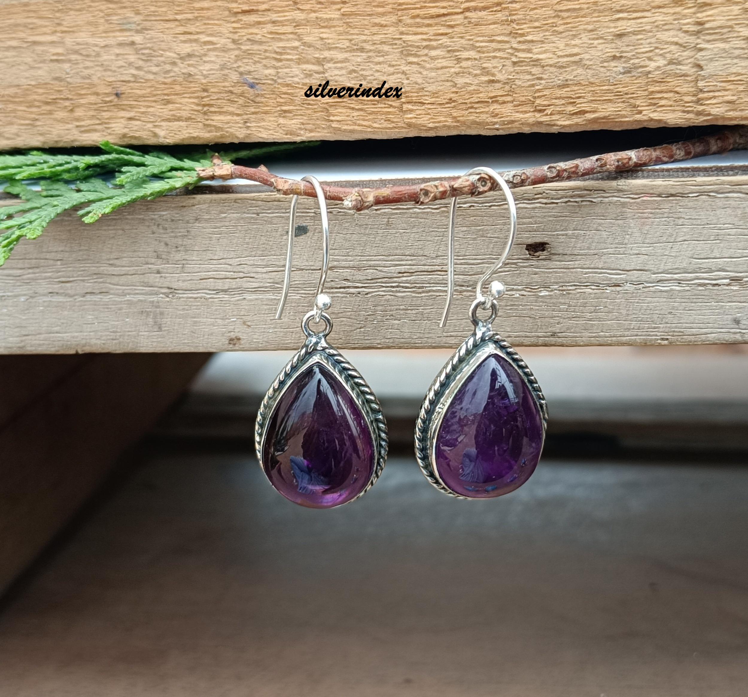 Handmade Natural Amethyst Sterling Silver Stud Earrings – 925 Silver, Purple Gemstone, Bezel Set
