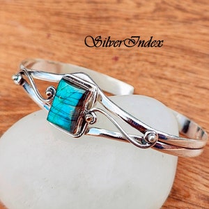 Sterling Silver Open Cuff Adjustable Labradorite Bangle / Bracelet, Handmade Bangle Jewelry For Women on Christmas Gift, Etsy Silver Bangle