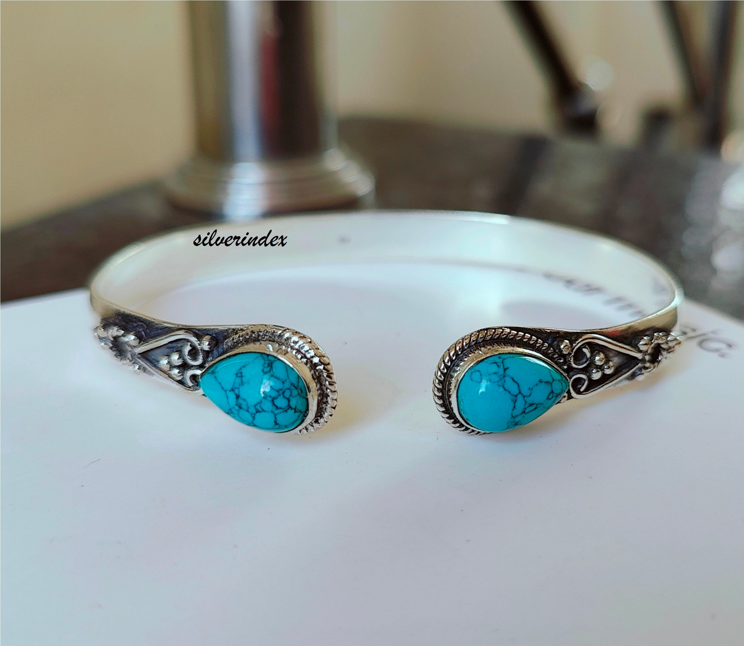 Sterling Silver Turquoise Bangle, Adjustable Open Cuff Bracelet - Etsy