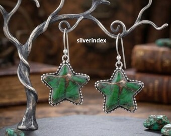 Green Copper Turquoise Earrings, 925 Sterling Silver, Handmade Jewelry, Star Shape Gemstone, Dangle Earring