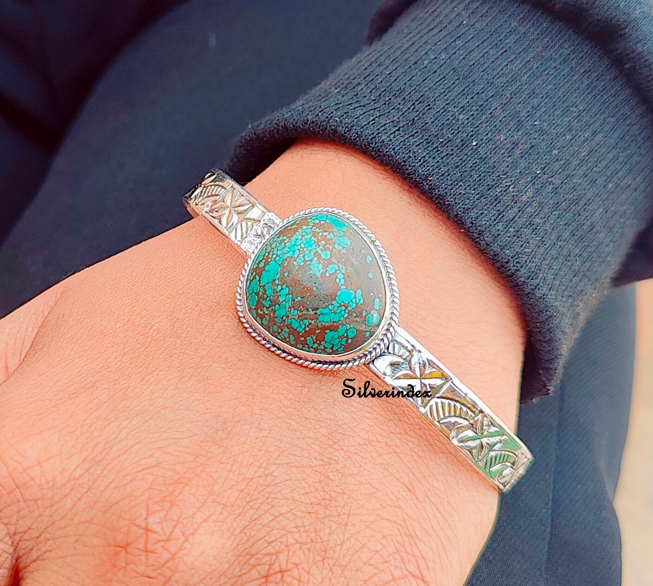 Tibetan Turquoise Sterling Silver Bangle, Open Cuff, Handmade