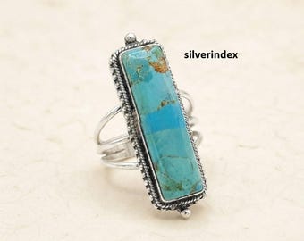 Kingman Mohave Turquoise Ring, Rectangle Shape Gemstone, 925 Sterling Silver, Handmade Jewelry