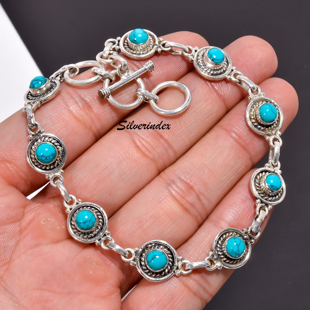 Buy Turquoise Round Shape Sterling Silver Gemstone Bracelet
