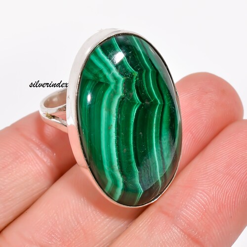 Bague en malachite ovale faite main, bague en argent sterling avec pierres précieuses