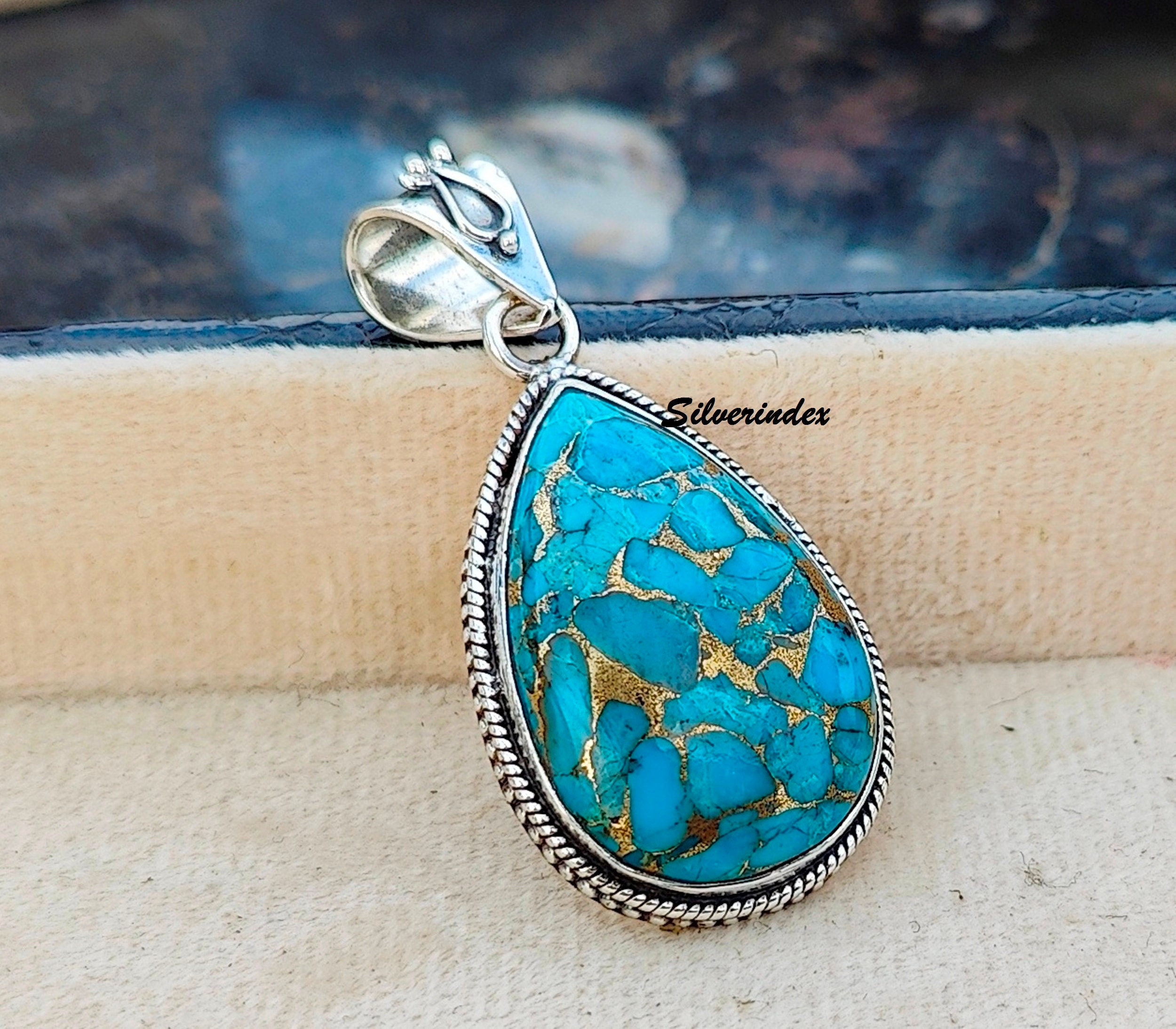 Pendentif Fait Main Cuivre Et Turquoise Sédiments De Mer En Argent 925 - Longueur 2,75 Pouces