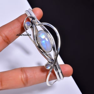 Adjustable Rainbow Moonstone Cuff Bangle, Sterling Silver Boho Bracelet