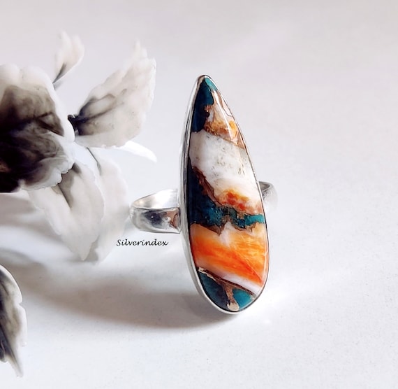 Oyster Turquoise Sterling Silver Pear Ring, Arizona Copper Stone