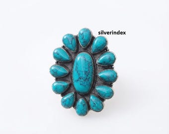 Blue Copper Turquoise Ring* 925 Sterling Silver Ring* Flower Design* Oval Shape Gemstone* Gifts