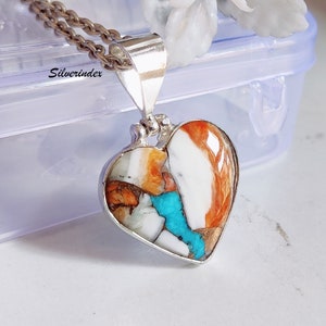Spiny Oyster Copper Turquoise Heart Pendant, Heart Shape Oyster Gemstone Pendant For Her - 925 Sterling Silver Pendant, Pendant For Women