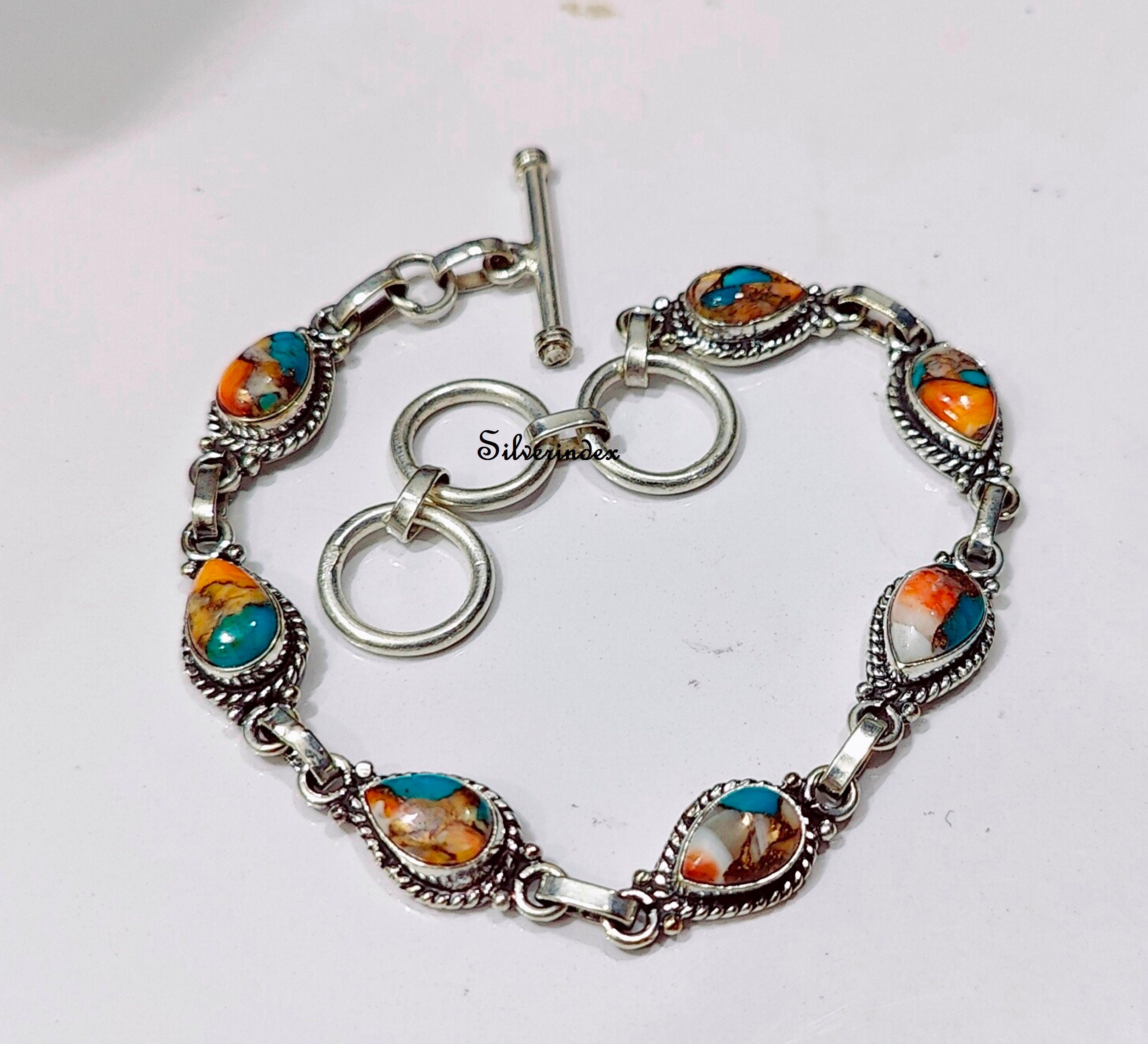 Small Rounded Fine Stone and Sterling Silver Medal Bracelet - Lapis Lazuli  - Beads - Range of customizable bracelets.
