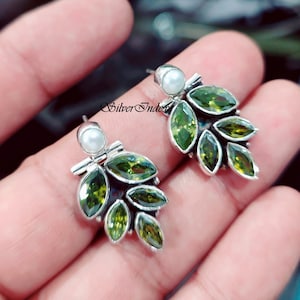 Peridot Earring With 925 Silver Leaf Design, Boho Earring With Pearl & Peridot Gemstone, Antique Wedding Earring, Earring For Girls / Women