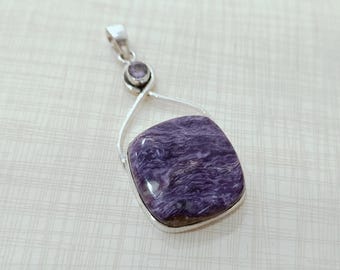 Charoite Square Gemstone  Pendant, 925 Sterling Silver Gemstone Jewelry* Gift For New Year