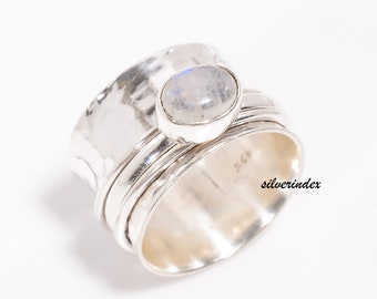 Rainbow Moonstone Spinner Ring: Hammered Sterling Silver Anxiety Ring