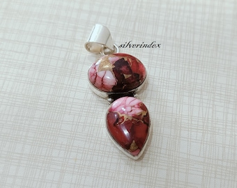 Red Rose Dahlia Turquoise Gemstone Sterling Silver Pendant, Pear Boho Handmade Jewelry *Valentine Gift