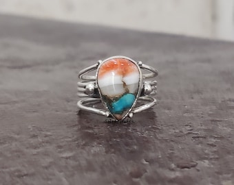 Spiny Oyster Copper Turquoise Ring - 925 Sterling Silver Ring - Handmade Ring -Oyster Pear Ring - Oyster Shell Turquoise Pear -Gift For Her