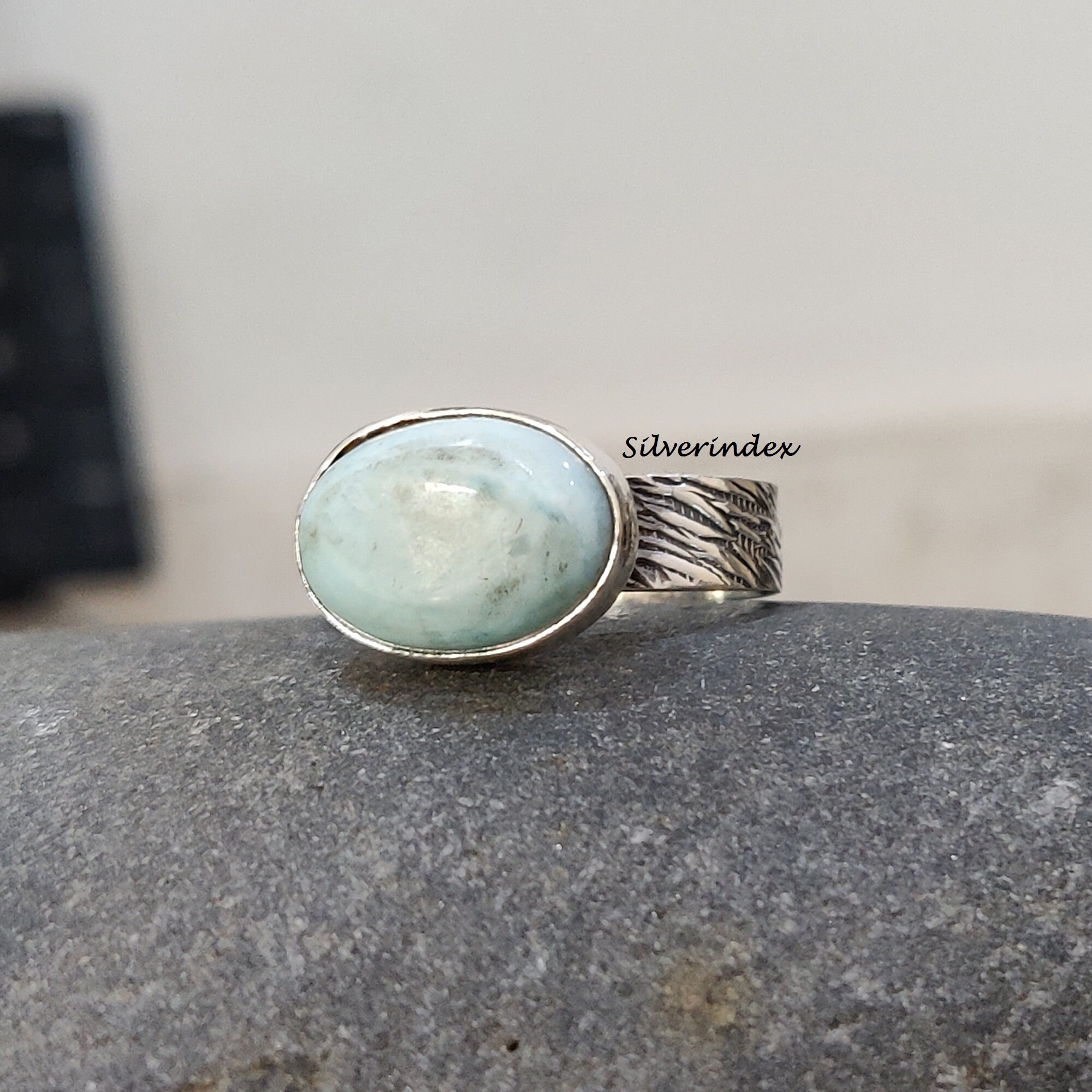 Handmade Larimar Ring – 925 Sterling Silver Band, Natural Blue Stone, Women's Size Adjustable