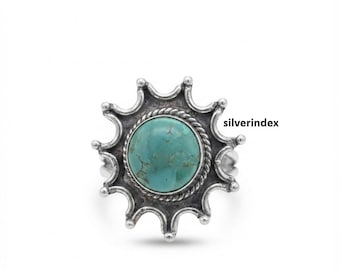 Kingman Mohave Turquoise Ring, 925 Sterling Silver, Designer Handmade Jewelry, Round Shape Gemstone Ring