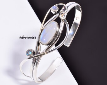 調節可能なレインボームーンストーンカフバングル、スターリング