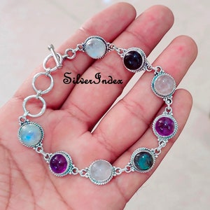 Multi Stone Sterling Silver Bracelet, Five Round Shape Gemstone Bracelet, Moonstone Bracelet, Silver Bracelets, Delicate  Bracelet Jewelry
