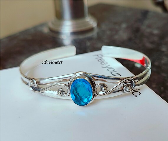 Bracelet En Argent 925 Fait Main Avec Topaze Bleue Suisse - Réglable 7-8 Pouces