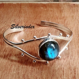 Labradorite Round Shape Sterling Silver Adjustable Bangle/ Bracelet,  Women Bracelet Jewelry Gift, Gem Bracelet For Christmas Length 7.5”