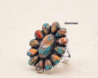 Oyster Copper Turquoise Gemstone Ring, 925 Sterling Silver, Flower Design Ring, Pear Shape, Gifts