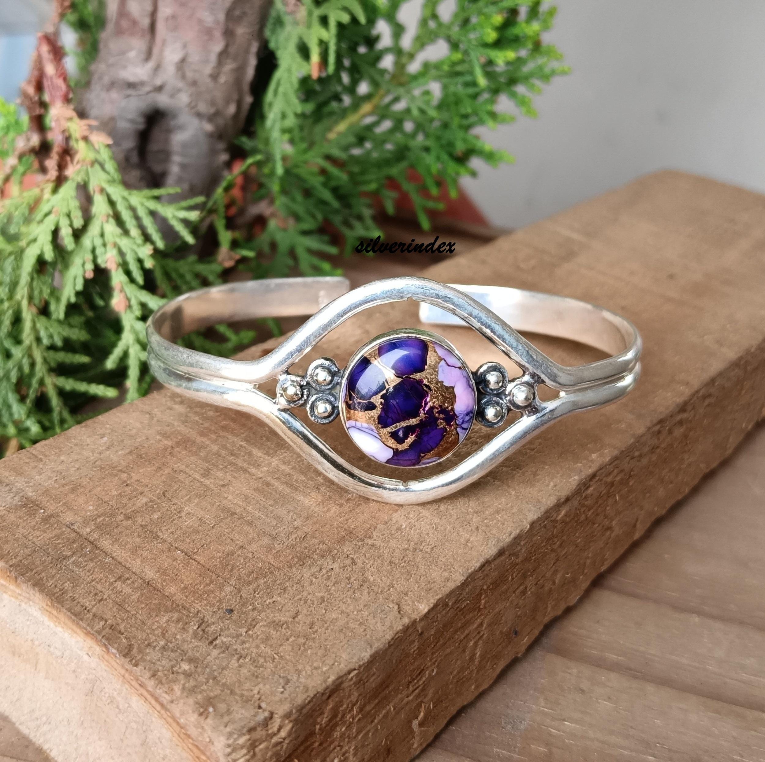 Purple Dahlia Copper Turquoise Bangle, 925 Sterling Silver
