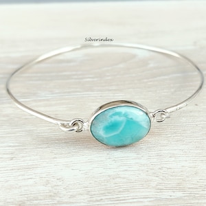 Sterling Silver Larimar Bangle Jewelry, Bangle with Oval Cut Larimar, Handmade Bangle, Stone Bangle, Women and Girl Bangle, Gift item