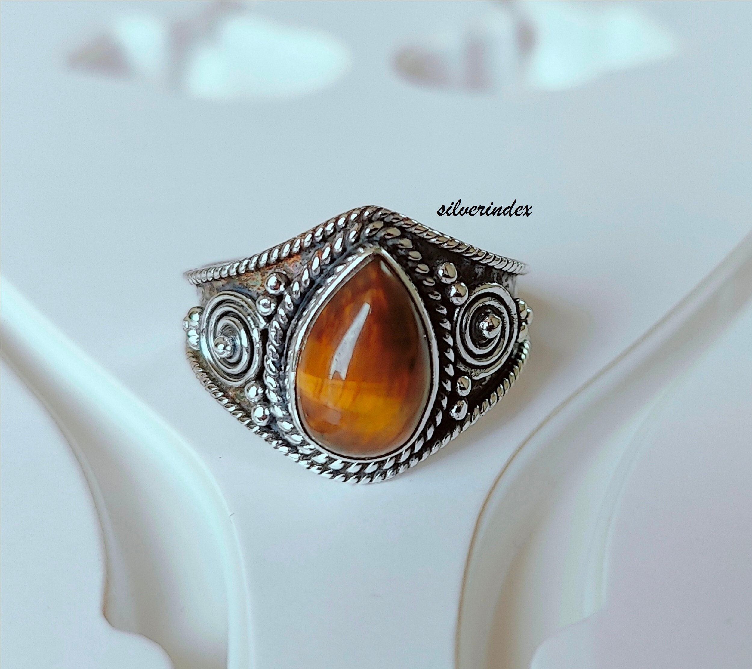 ハンドメイドペアタイガーアイリング、925スターリングシルバーバンド