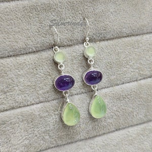 Prehnite Earrings, 925 Solid Silver Earring, Purple Amethyst Earrings, Two Stone Earrings, Dangle Drop Flower Earrings, Christmas Earring