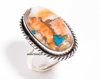 Spiny Oyster Copper Turquoise Ring, Sterling Silver Ring, Handmade Oyster Ring, Oval Oyster Ring, Beautiful Turquoise Ring  Gift For Women