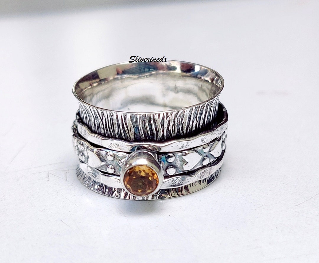 シトリンハートスピナーリング、スターリングシルバーテクスチャバンド