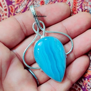 Blue Lace Agate Pendant, 925 Sterling Silver Pendant, 925 Silver Handmade Jewelry, Pear Gemstone Designer Pendant, Good-Looking Women Gift