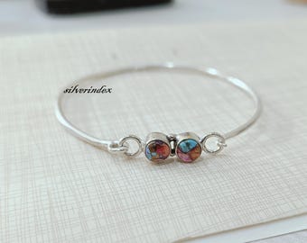 Round Pink Copper Turquoise Sterling Silver Bangle Bracelet, Handmade Wire Wrapped Gemstone Jewelry